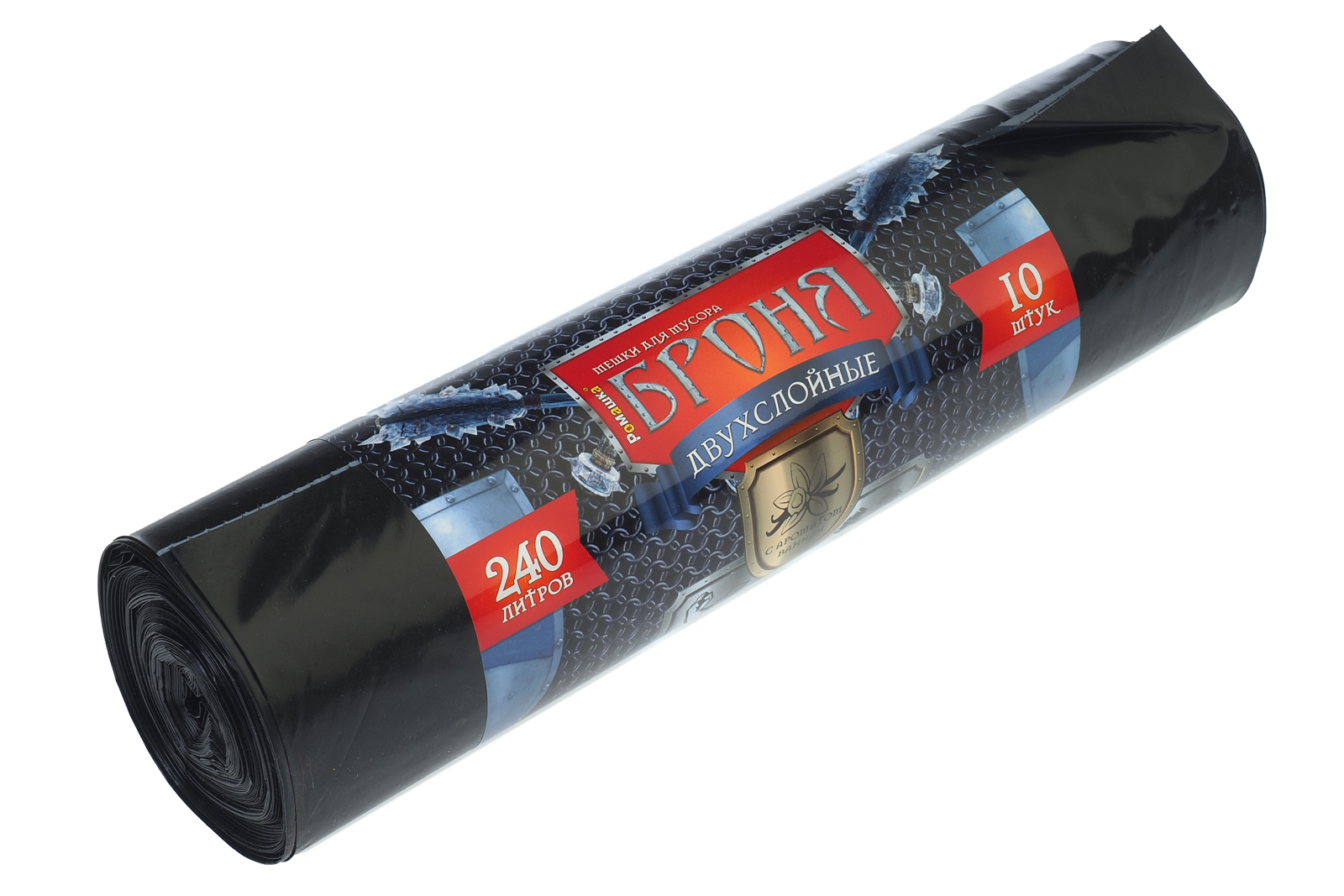 Мешки для мусора Броня 240л 10 шт/уп 60мкм 100смх130см черные двухслойные вес рулона 1450г вес мешка 145г ПВД дно плоское со швом без боковых фальцев Ромашка ВР-0013