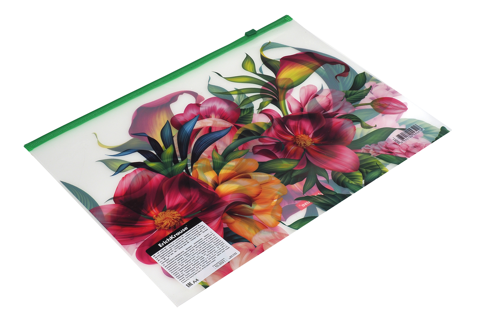 Папка-конверт на молнии А4 непрозрачная с рисунком пластиковая 0.14мм Tropical Flowers Erich Krause