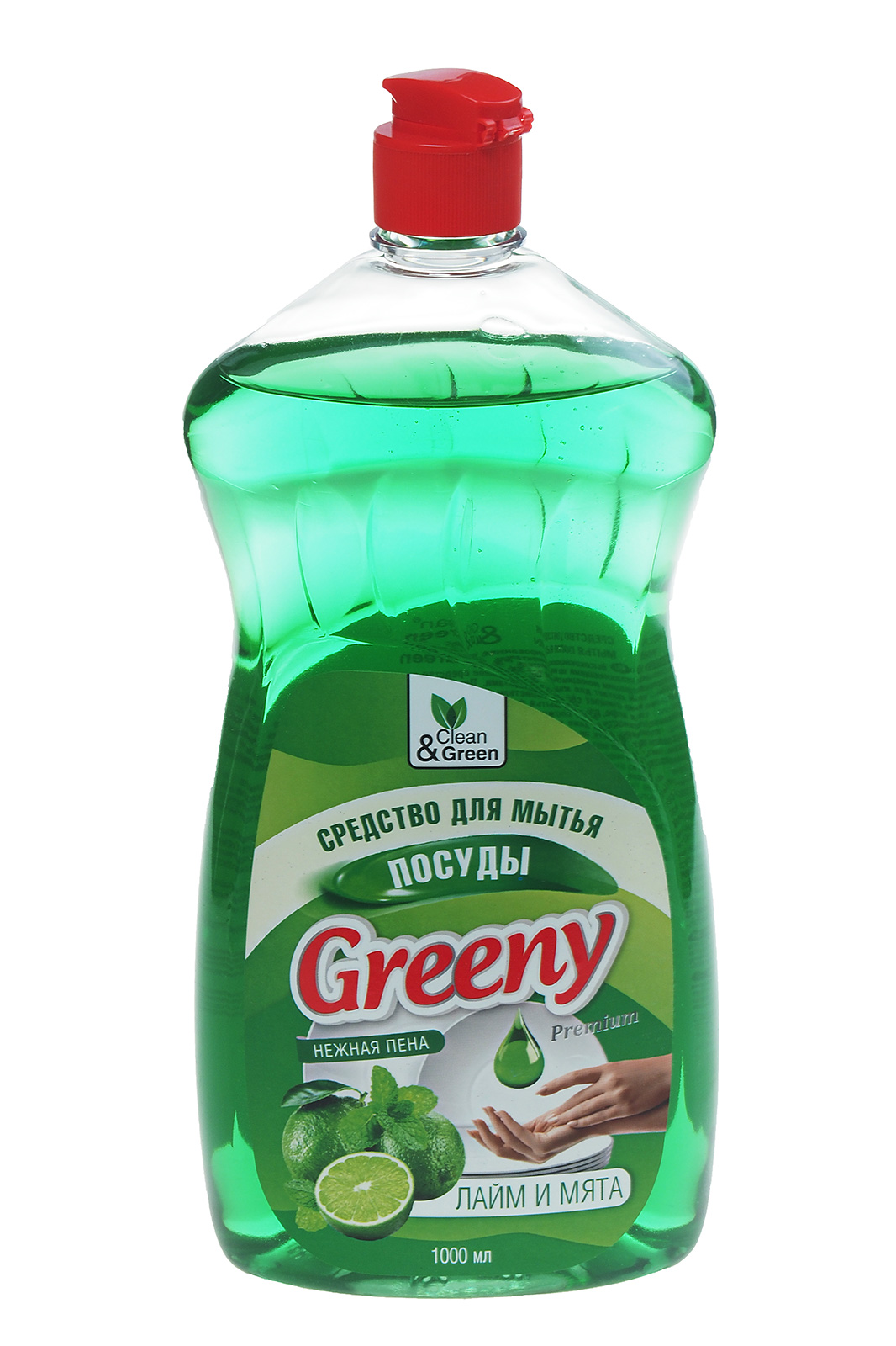 Моющее средство Greeny Premium для посуды "Лайм и Мята" 1л гель флакон флип-топ Clean&Green (CG8132)