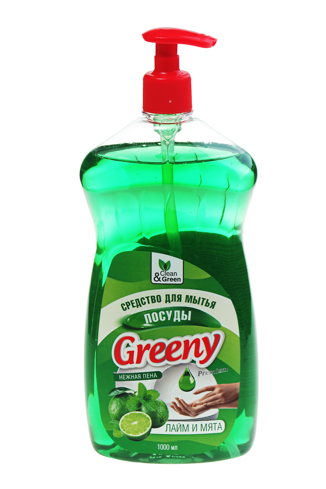 Моющее средство Greeny Premium для посуды "Лайм и Мята" 1л гель флакон дозатор Clean&Green (CG8140)