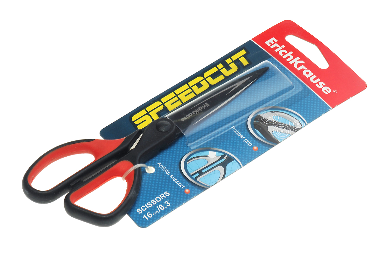 Ножницы офисные Speedcut 160мм из нержавеющей стали пластмассовые ручки с резиновыми вставками черные/голубые европодвес Erich Krause
