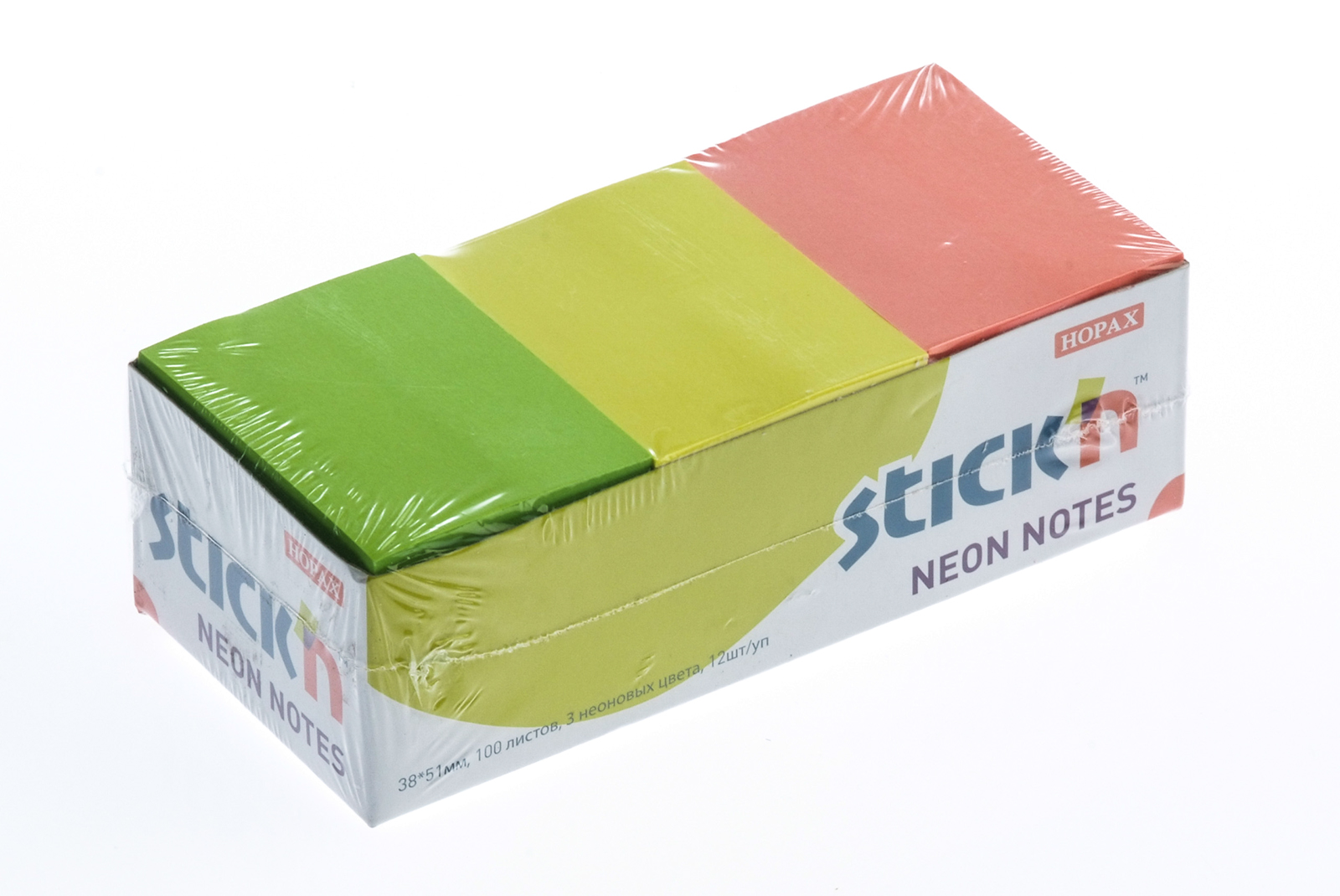 Блок для записи самоклеящийся 38х51мм неон ассорти 3цв 100л Stick`n Hopax